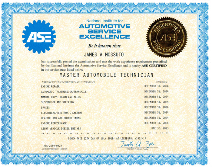 ASE Master Automobile Technician Certification