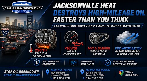 Infographic showing Jacksonville traffic heat causing engine oil breakdown, low oil pressure, VVT timing issues, and bearing wear