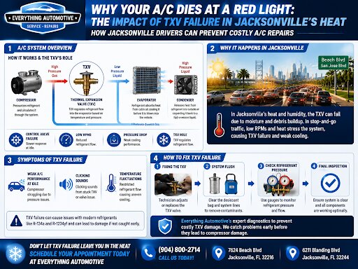 Infographic explaining how TXV failure impacts car A/C systems in Jacksonville's extreme heat, highlighting symptoms, causes, and professional repair steps.