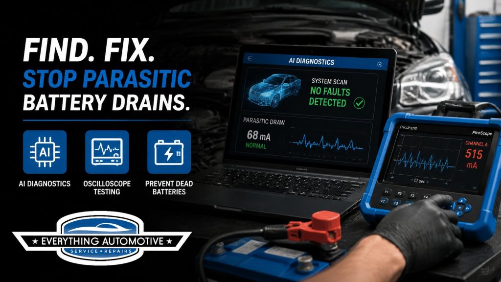 Mechanic performing AI diagnostics and oscilloscope testing to stop parasitic battery drains in Jacksonville vehicles