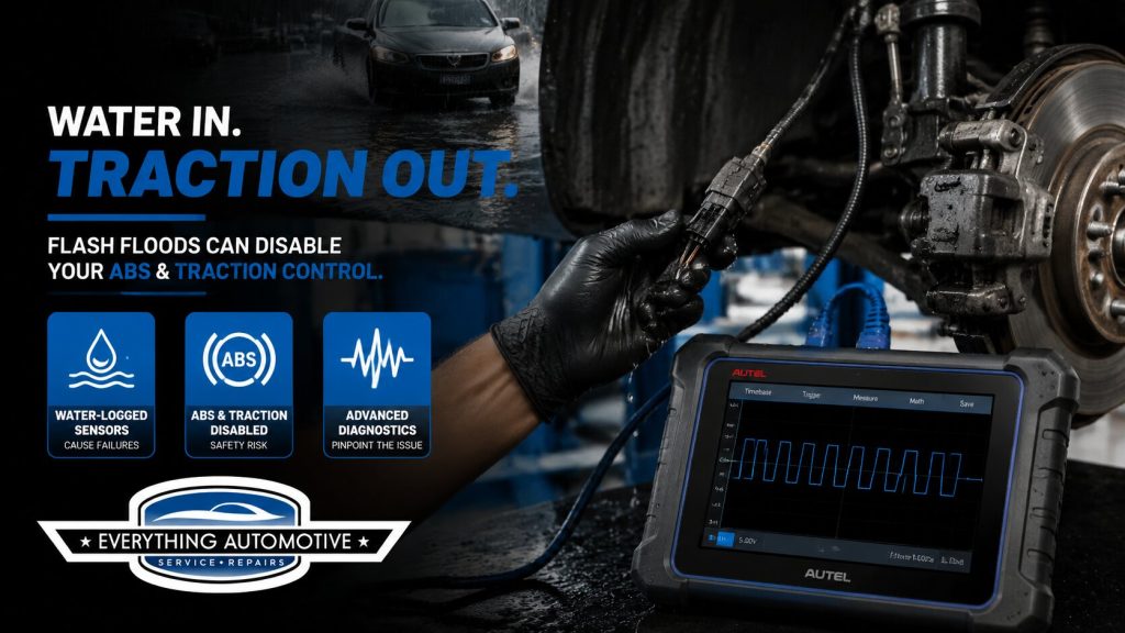 Technician using oscilloscope to diagnose water-logged ABS and traction control sensors in Jacksonville