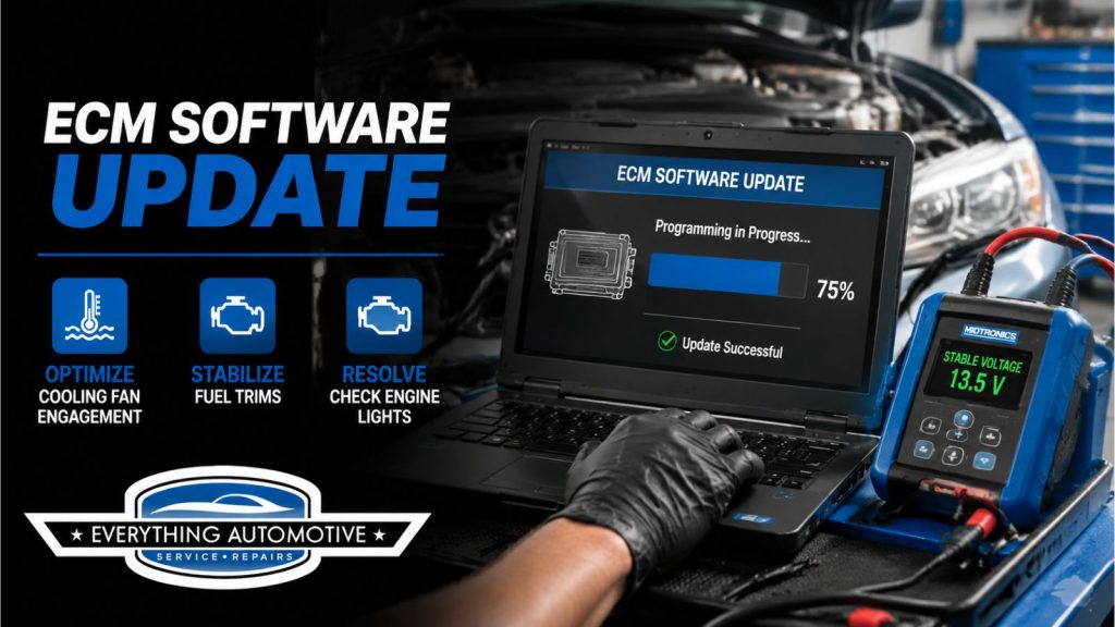 Technician performing ECM software update to optimize cooling fan and stabilize fuel trims in Jacksonville