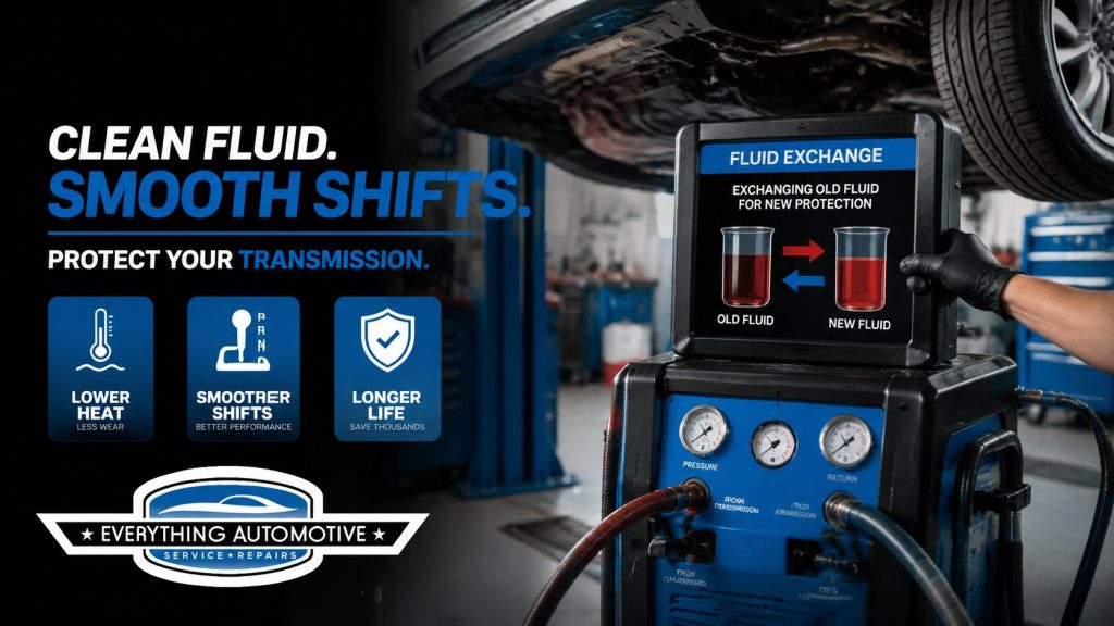 Technician performing full automatic transmission fluid exchange in Jacksonville to protect valve body and ensure smooth shifts