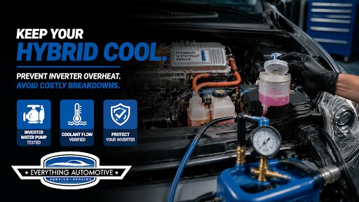 Technician performing hybrid inverter coolant pump testing and vacuum bleeding to prevent P0A93 code in Jacksonville