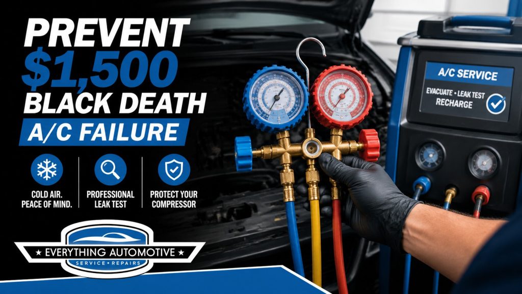 Jacksonville car AC service with refrigerant gauges to prevent $1,500 Black Death compressor failure