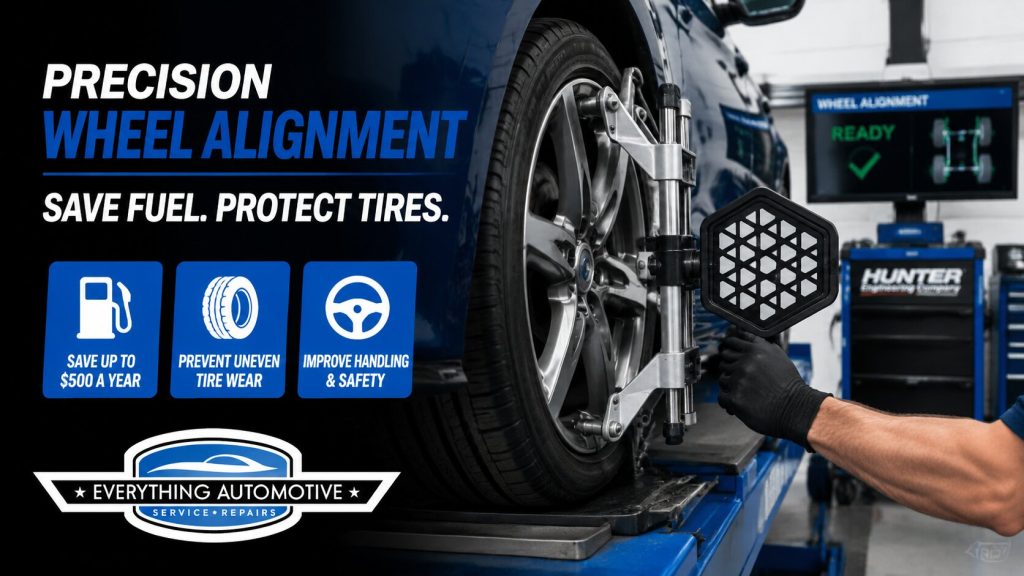 Technician performing precision wheel alignment in Jacksonville to save fuel and prevent tire wear