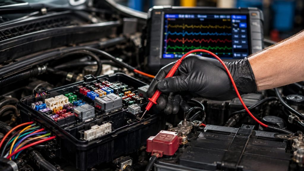  Technician performing advanced auto electrical diagnostics with a digital multimeter and fuse box to locate a parasitic battery drain in Jacksonville
