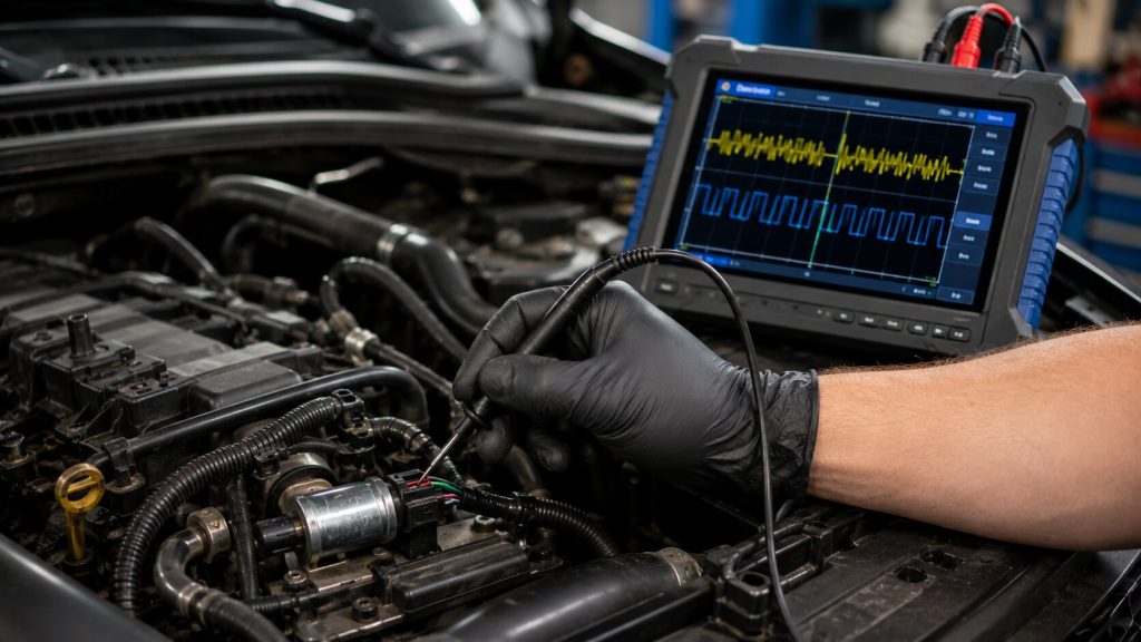  Technician using a digital oscilloscope to diagnose crankshaft and camshaft sensor waveform failures on a vehicle in Jacksonville