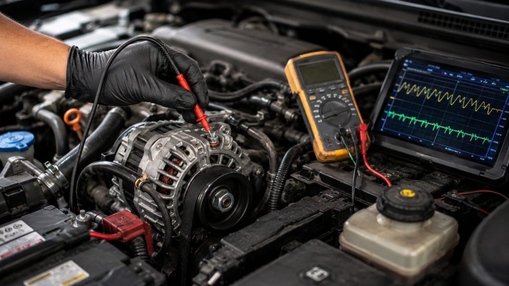  Technician testing a Honda Odyssey alternator with a multimeter and oscilloscope during charging system diagnosis.