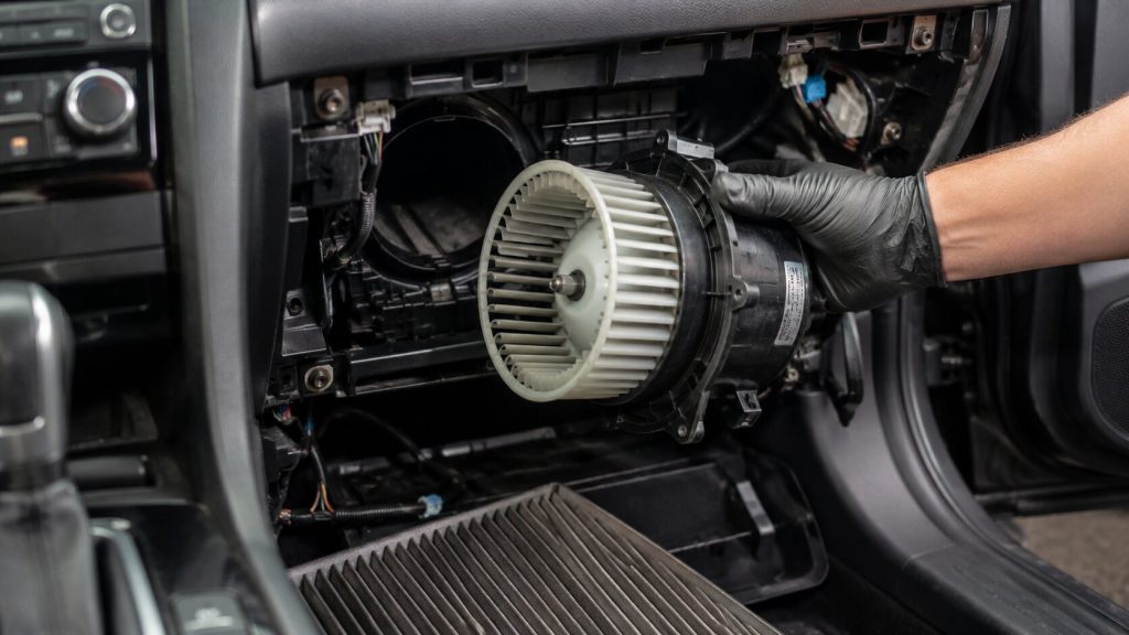  Technician removing a Honda CR-V blower motor during HVAC airflow diagnosis in Jacksonville.