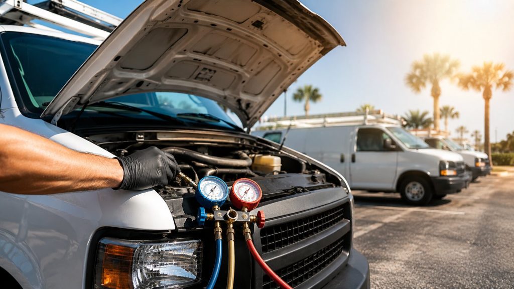 Heavy duty fleet AC maintenance on a Jacksonville work van in summer heat
