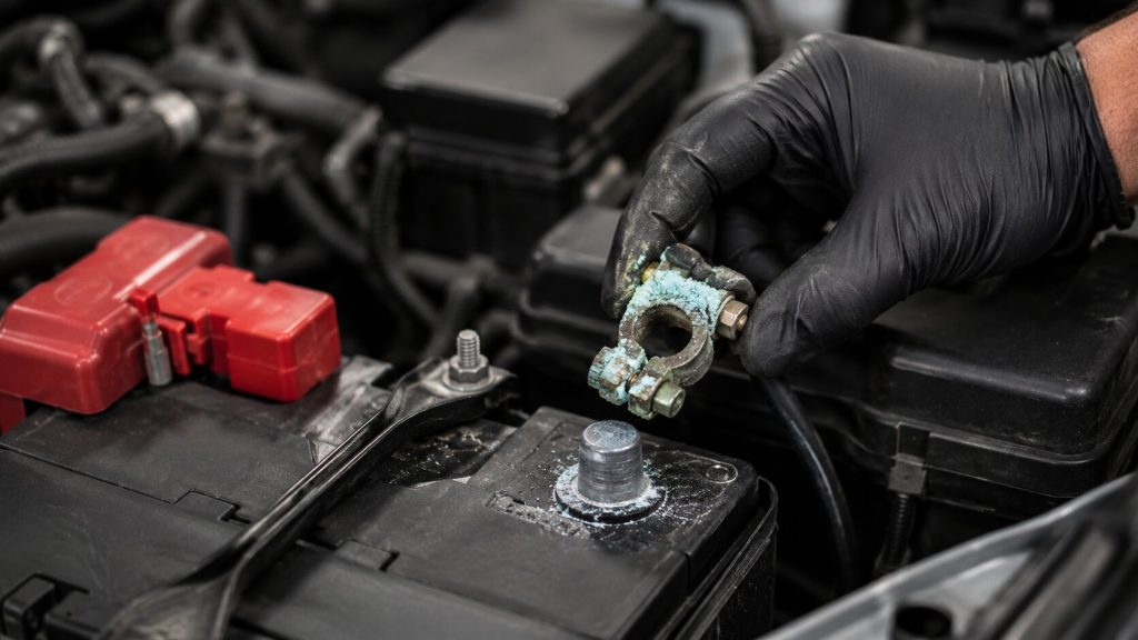 Corroded Honda Accord battery terminal being inspected during voltage drop testing for no-start diagnosis in Jacksonville, Florida.