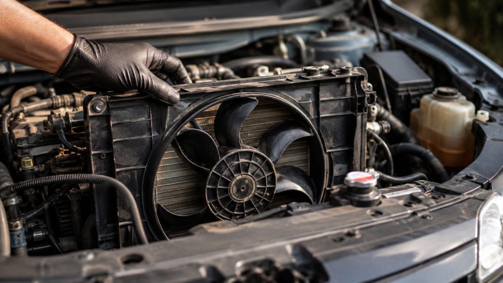  Technician inspecting a Honda Civic electric radiator cooling fan during overheating diagnosis in Jacksonville traffic.