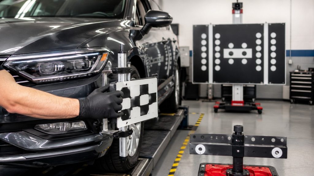 Technician performing ADAS laser calibration using precision target boards after a wheel alignment on a modern SUV in Jacksonville