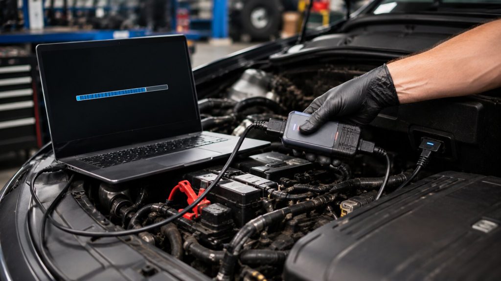  Technician performing a J2534 engine control module software update using a diagnostic interface and laptop connected to a vehicle