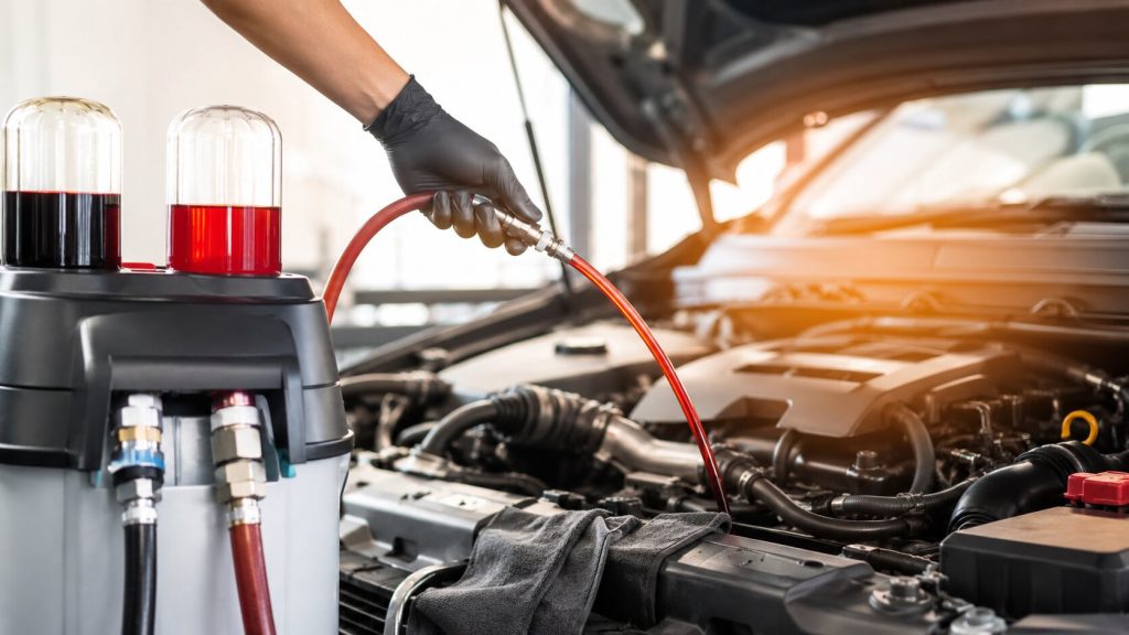  Professional transmission fluid exchange machine replacing automatic transmission fluid during summer transmission service in Jacksonville