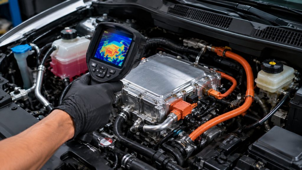 Technician using thermal imaging to diagnose Honda hybrid inverter cooling problems in Jacksonville.