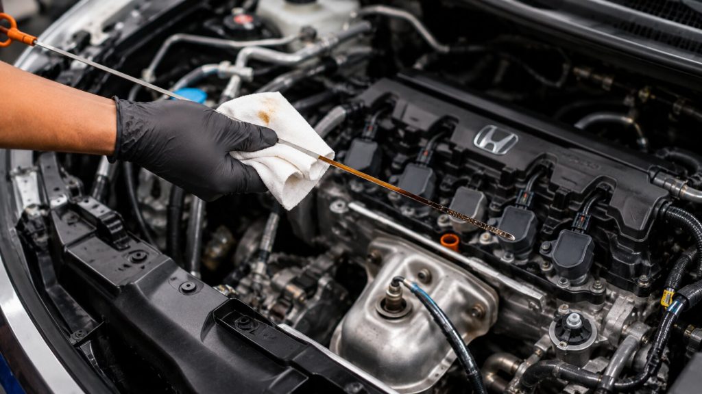 Technician checking a Honda direct-injection engine oil dipstick for signs of fuel dilution.