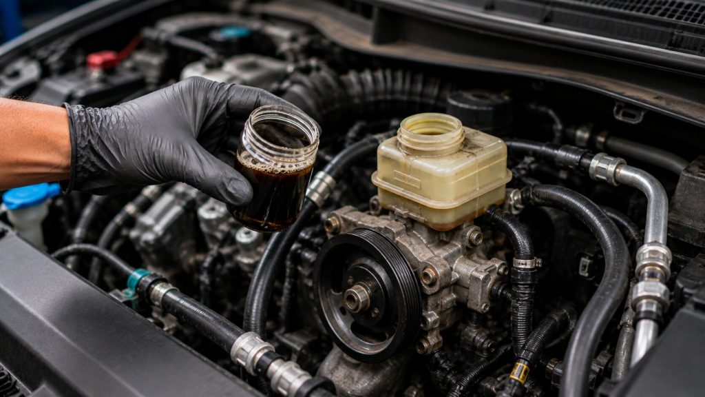 Technician inspecting dark Honda power steering fluid for heat-related hydraulic steering problems in Jacksonville.