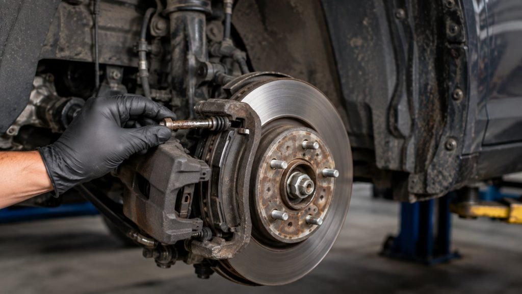 Technician inspecting a corroded Honda Civic caliper slide pin causing brake drag in Jacksonville.